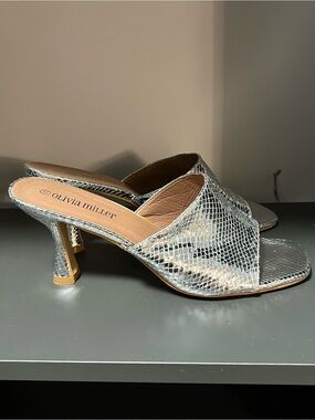 Olivia Miller Silver Snakeskin Mule Heels